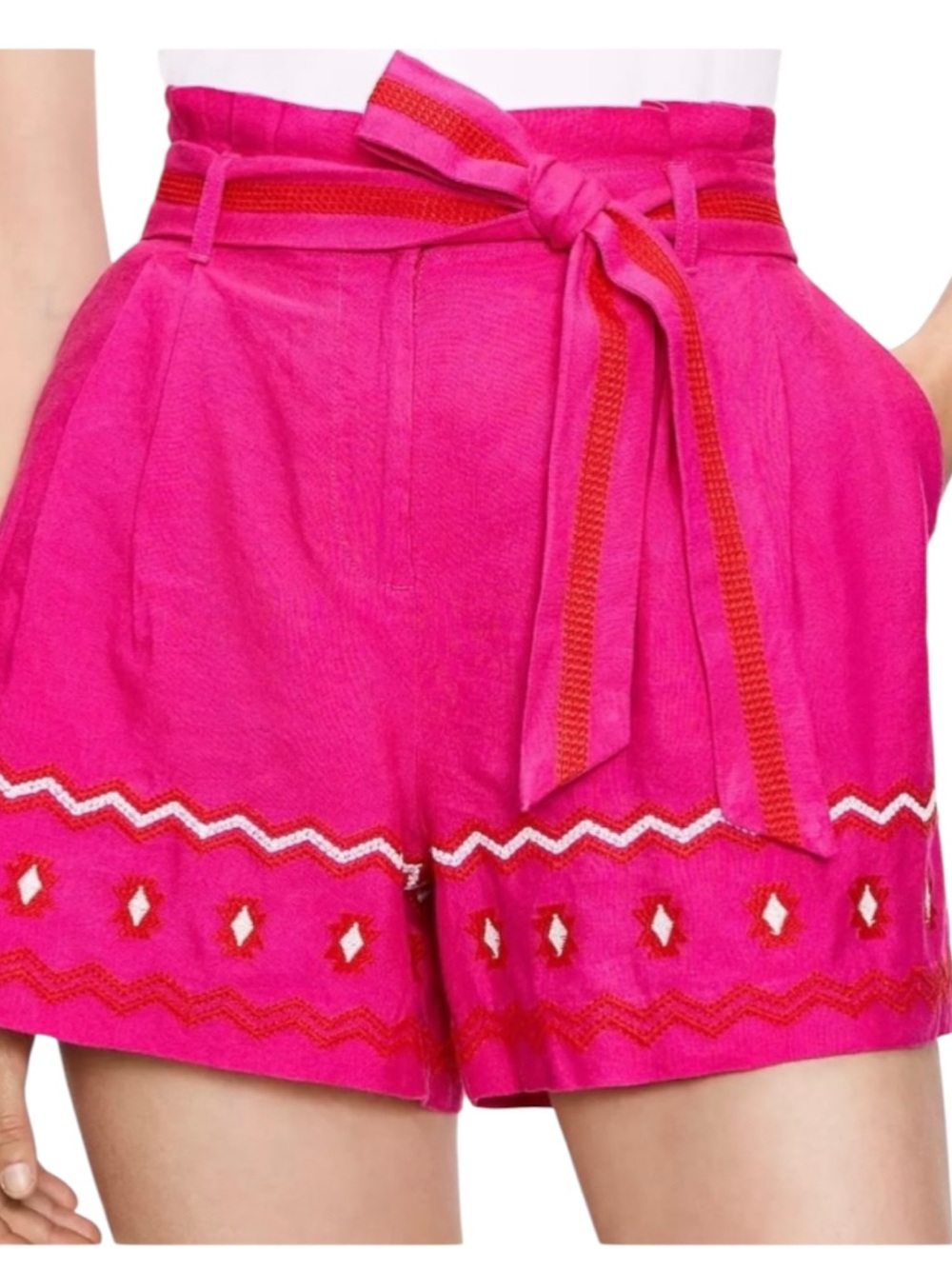 Loft Pink Paperbag Pull On Shorts Embroidered Linen Blend Belt